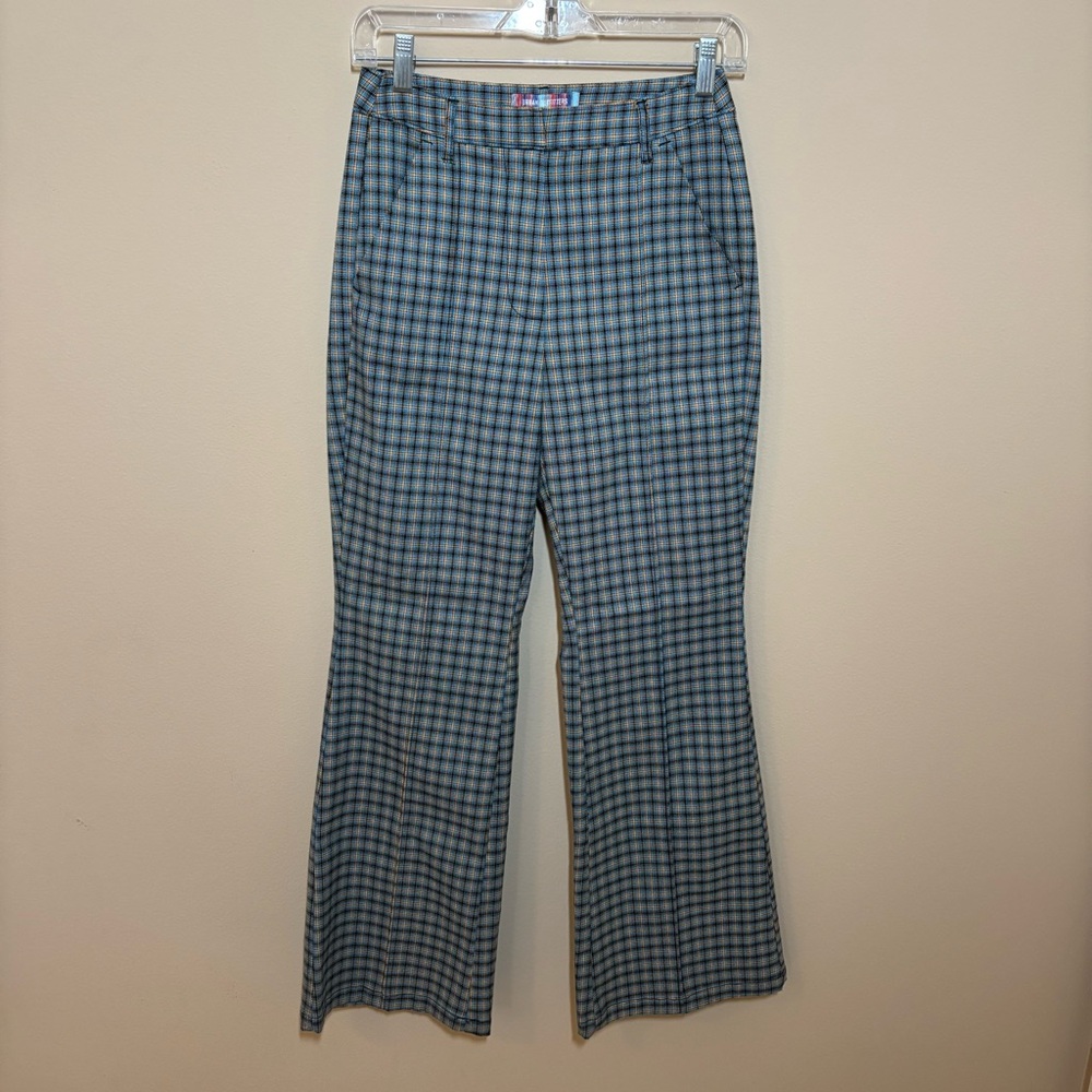 Urban Outfitters Isabella Blue Plaid Trousers wide leg flare bell bottom